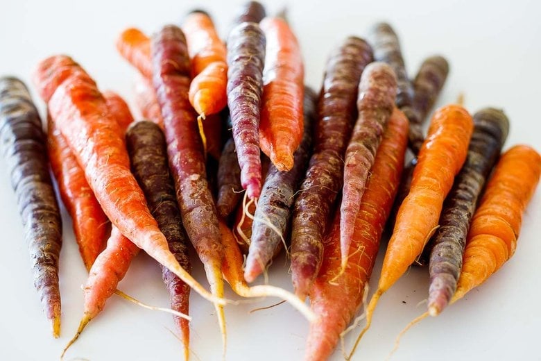 rainbow carrots on the counter