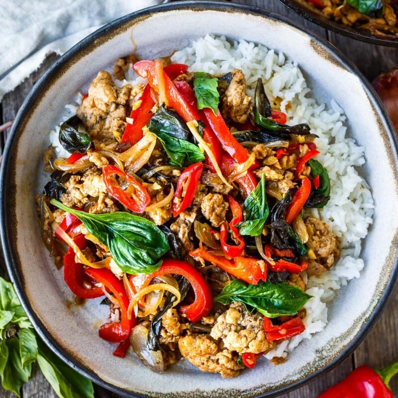 Thai Basil Chicken is simple, fast and flavorful!  Made with ground chicken (or ground turkey) it's ready to serve in under 30 minutes.