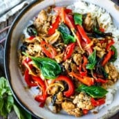 Thai Basil Chicken is simple, fast and flavorful!  Made with ground chicken (or ground turkey) it's ready to serve in under 30 minutes.