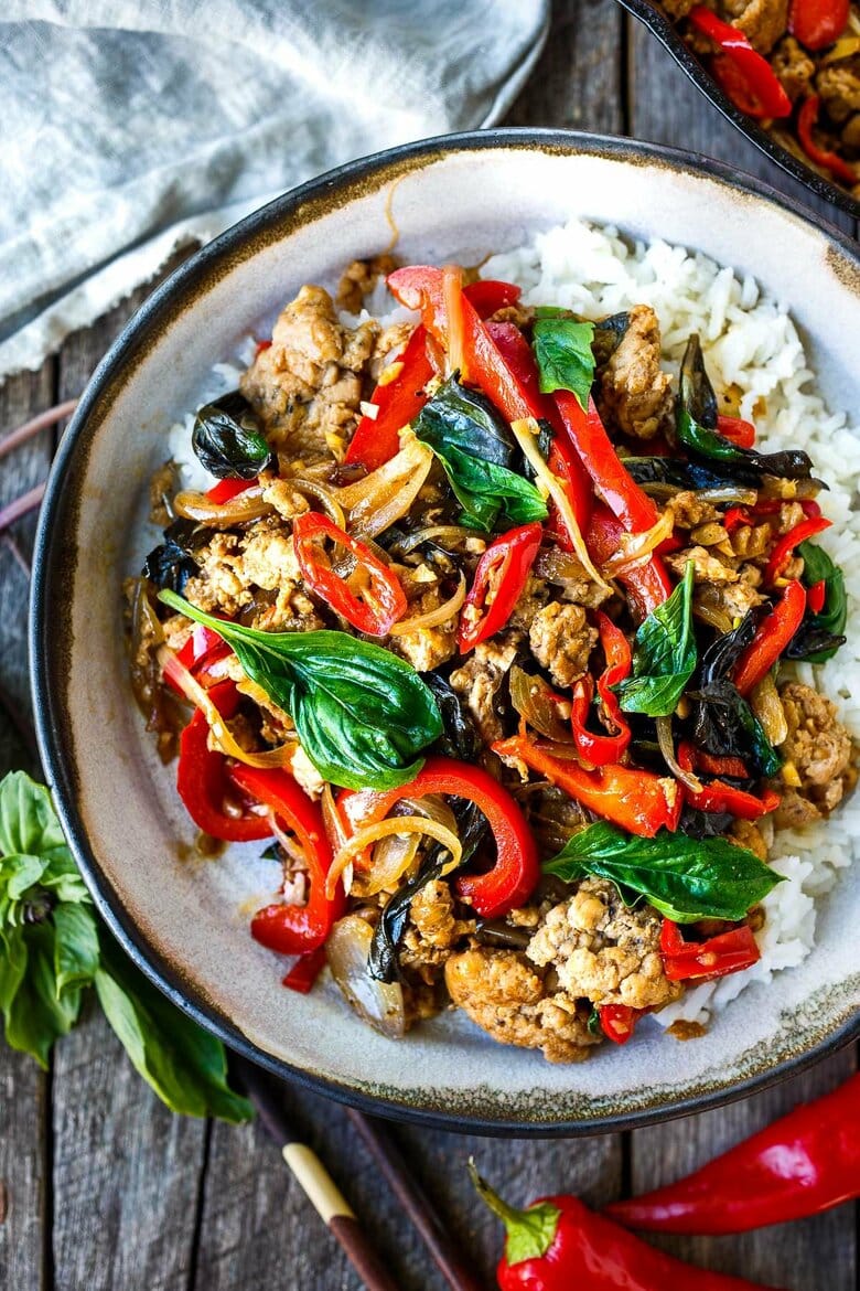 Thai Basil Chicken is simple, fast and flavorful!  Made with ground chicken (or ground turkey) it's ready to serve in under 30 minutes.