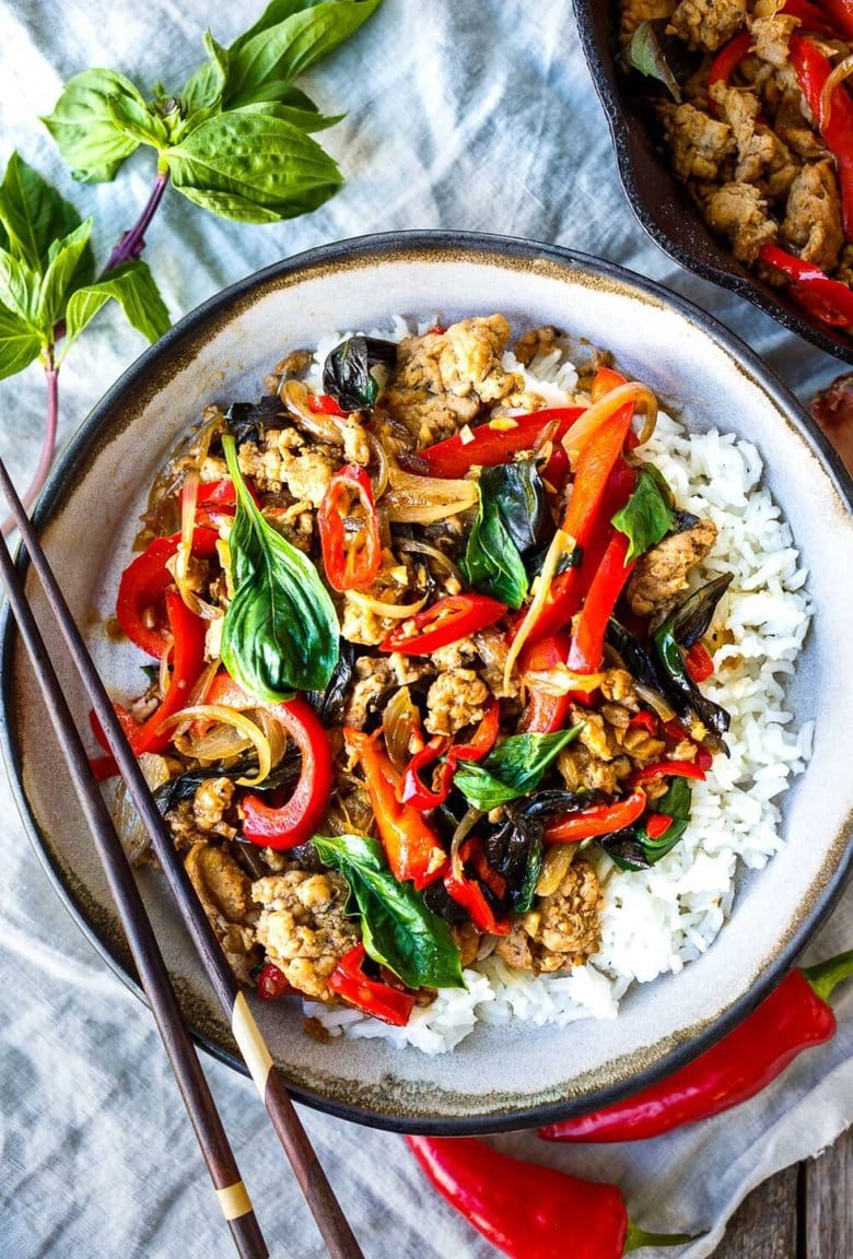 Thai Basil Chicken is simple, fast and flavorful!  Made with ground chicken (or ground turkey) it's ready to serve in under 30 minutes.