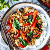 Thai Basil Chicken is simple, fast and flavorful!  Made with ground chicken (or ground turkey) it's ready to serve in under 30 minutes.