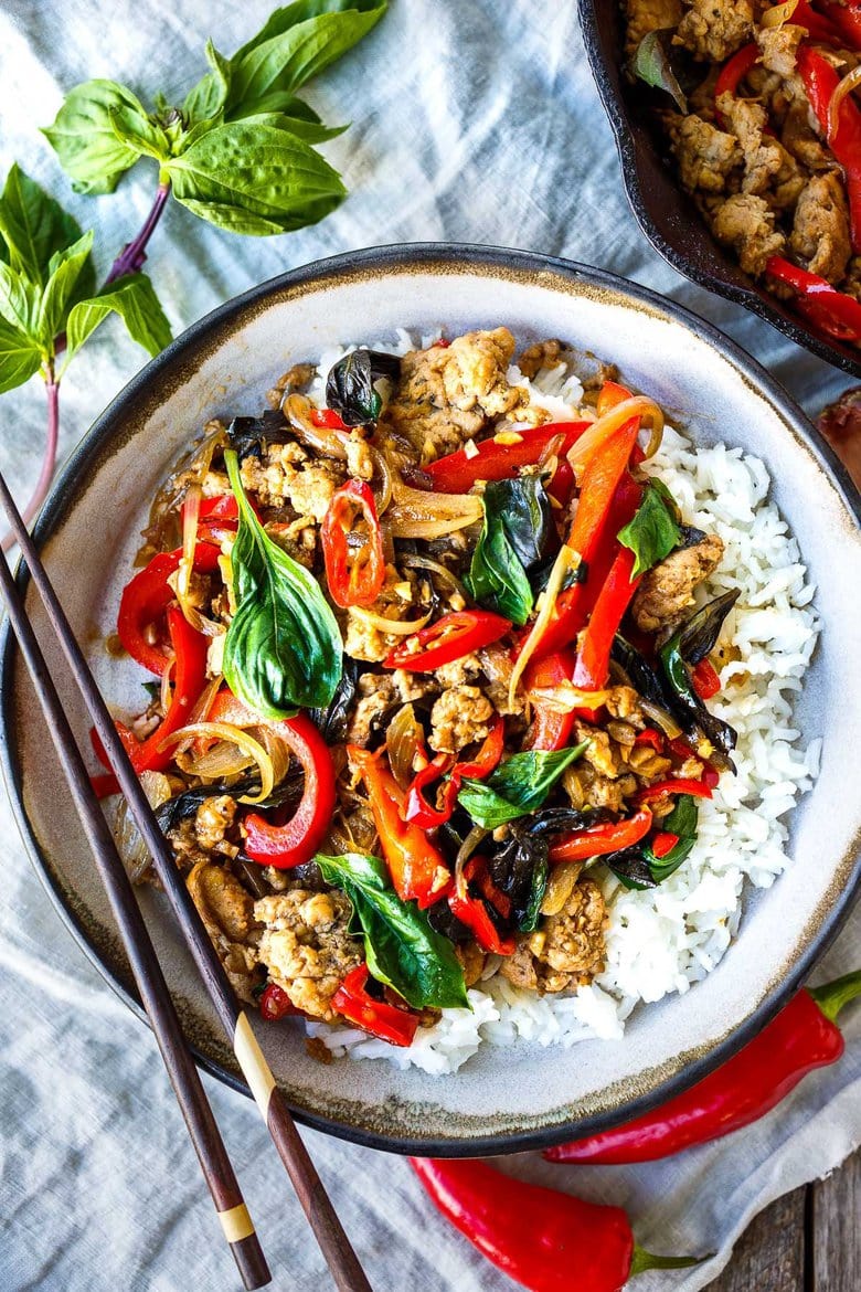 Thai Basil Chicken is simple, fast and flavorful!  Made with ground chicken (or ground turkey) it's ready to serve in under 30 minutes.