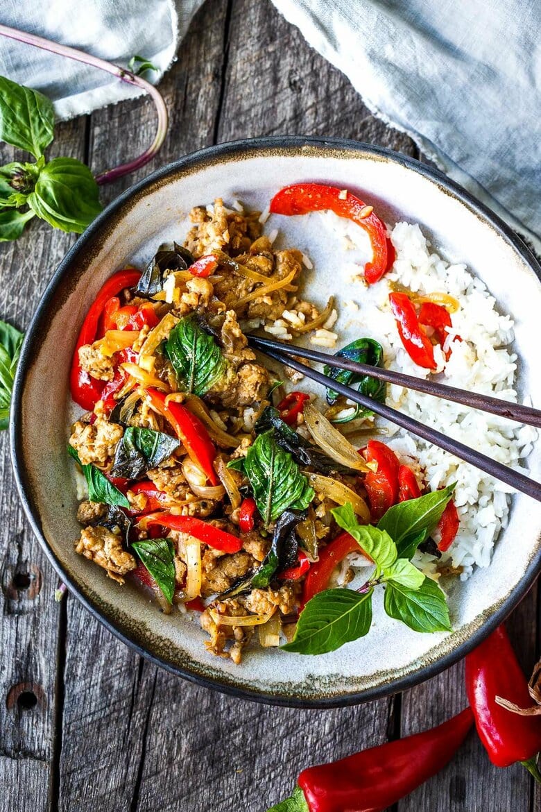 Thai Basil Chicken is simple, fast and flavorful!  Made with ground chicken (or ground turkey) it's ready to serve in under 30 minutes.