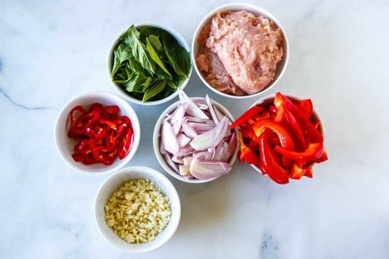 Prepped ingredients in Thai Basil Chicken.