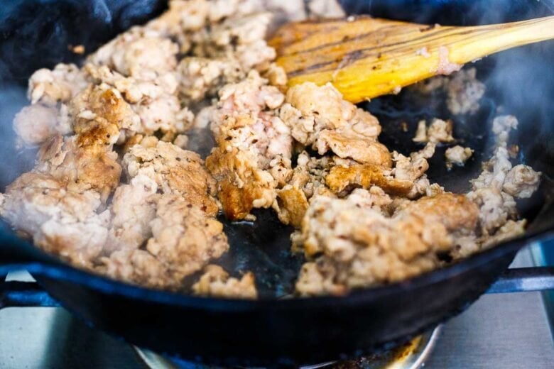 Browning chicken for Thai basil chicken.