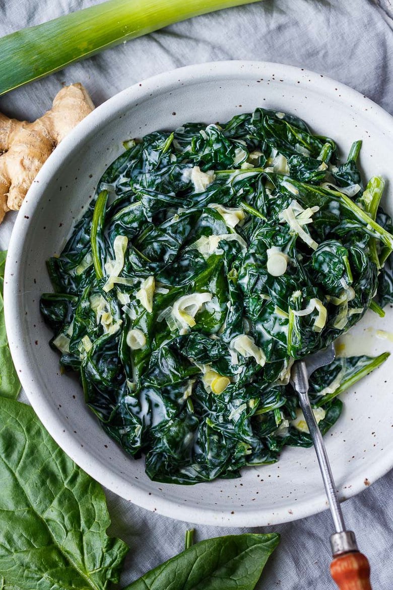 Rich and luscious Coconut Creamed Spinach has a silky melt-in-your-mouth texture. Simple to put together and makes an easy delicious side dish.  Vegan and Gluten-Free!