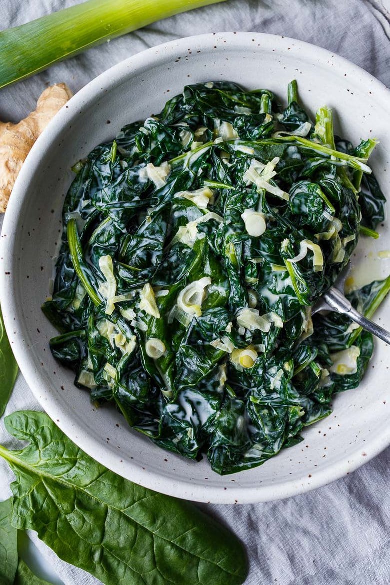 Rich and luscious Coconut Creamed Spinach has a silky melt-in-your-mouth texture. Simple to put together and makes an easy delicious side dish.  Vegan and Gluten-Free!