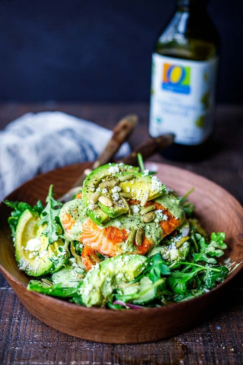 This Grilled Salmon Salad with Creamy Cilantro Lime Dressing is perfect for summer barbecues and outdoor gatherings. Chock full of fresh organic produce, not only is this entree salad healthy and easy to make, it's bursting with delicious summertime flavor! Keto and Low-carb.
