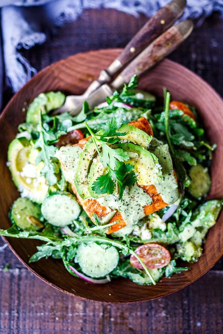 This Grilled Salmon Salad with Creamy Cilantro Lime Dressing is perfect for summer barbecues and outdoor gatherings. Chock full of fresh organic produce, not only is this entree salad healthy and easy to make, it's bursting with delicious summertime flavor! Keto and Low-carb.