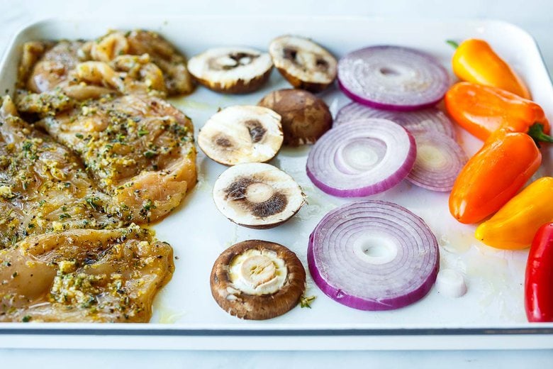 veggies and marinated chicken ready to grill