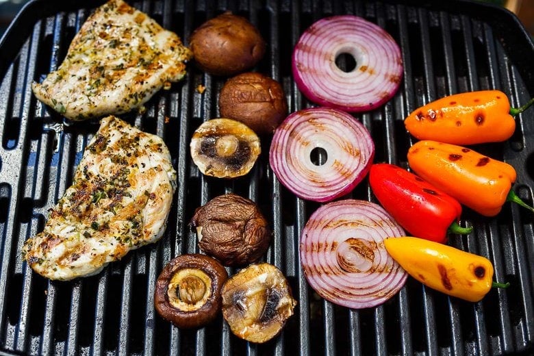 grilling chicken and veggies