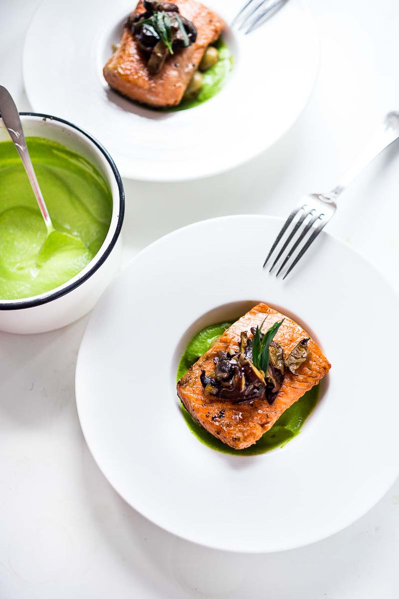 This elegant dish and be made with Steelhead or Salmon- its top with sauteed mushrooms, over a bed Truffled Spring Pea Sauce with baby potatoes. If you ask me, it is heavenly. It is not a hard recipe, and you'll feel very pleased with yourself after making this, I promise.