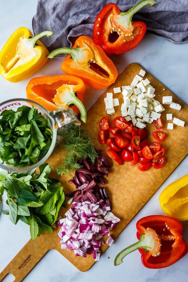 chopped ingredients for mediterranean peppers