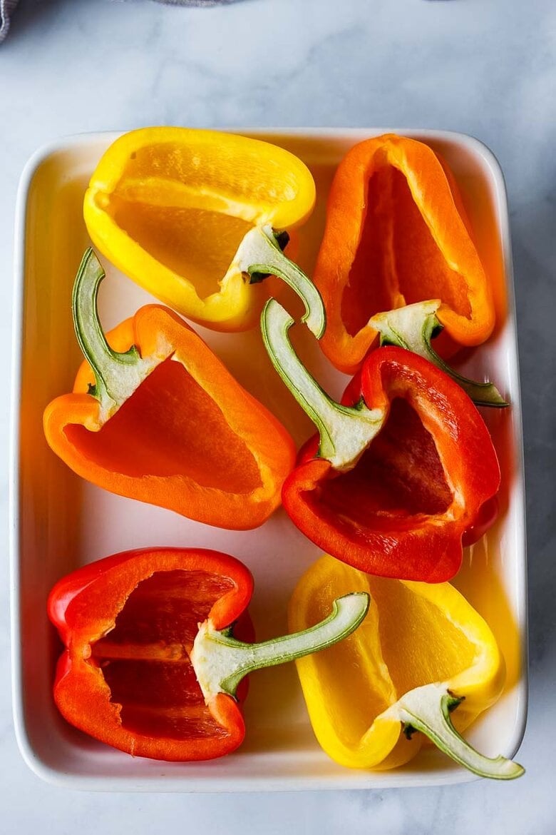 bell pepper shells ready on a tray