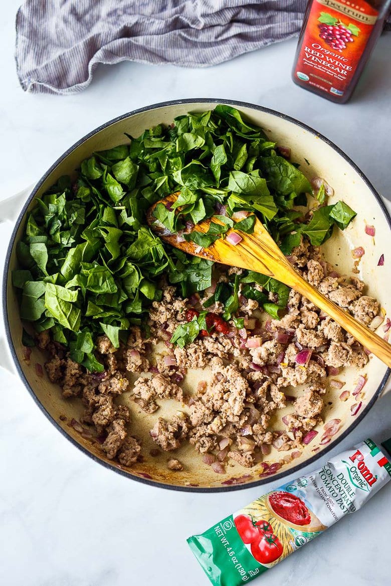 wilting spinach with sautéed turkey