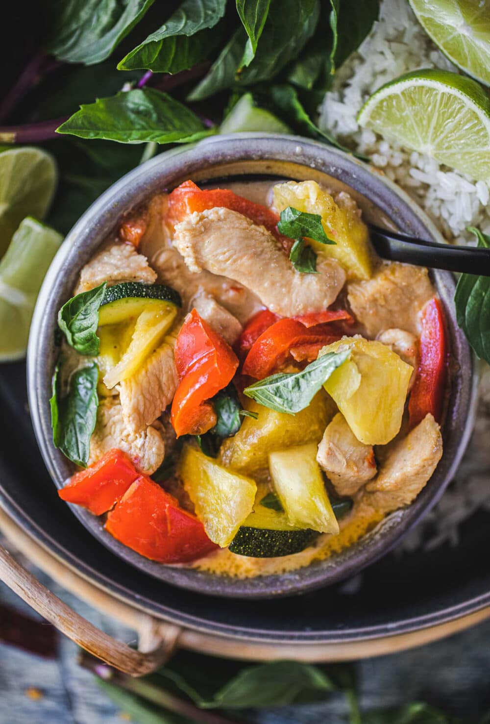 Thai Pineapple Curry is an incredibly easy and tasty recipe to whip up for a quick lunch or dinner. This 20-minute version is full of healthy vegetables,  fresh pineapple and your choice of Chicken or Tofu, and bathed in most fragrant coconut red curry sauce.  It's seriously divine! Vegan-adaptable
