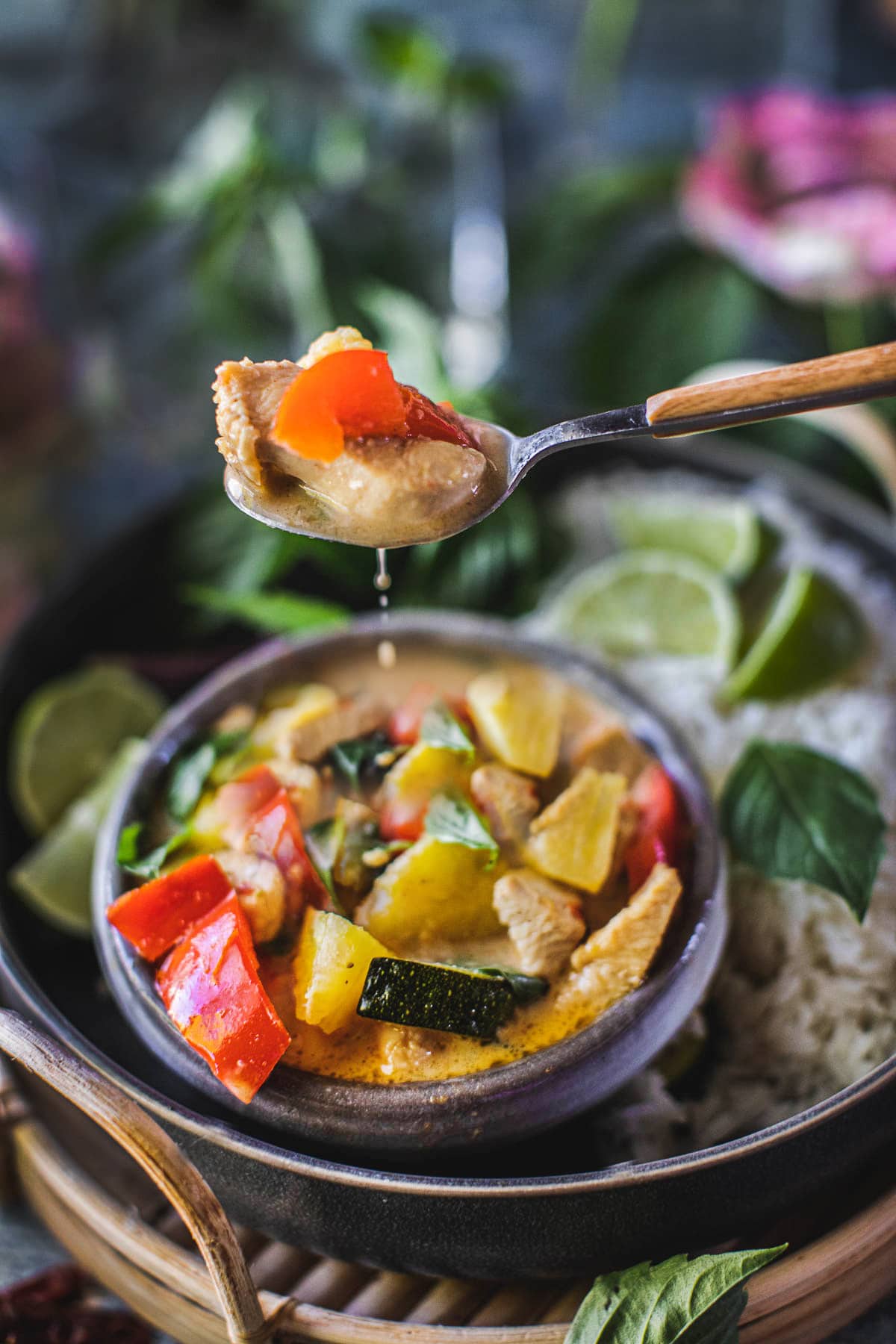  Thai Pineapple Curry is a quick and easy meal to whip up.   This delicious, 20-minute version is full of healthy vegetables,  fresh pineapple, and your choice of Chicken, Shrimp or Tofu, and bathed in the most fragrant coconut red curry sauce. Vegan-adaptable. 