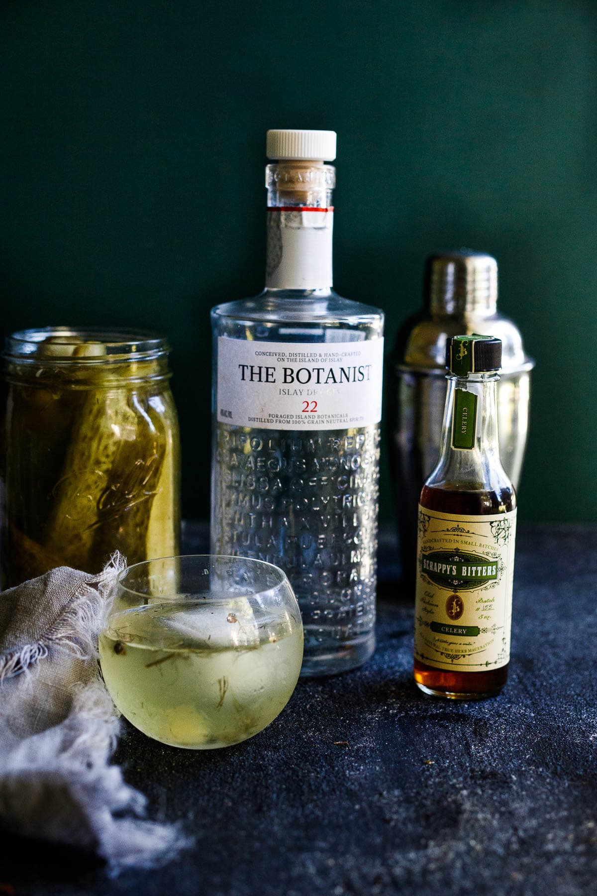 Ingredeints in a Gin and Brine Cocktail