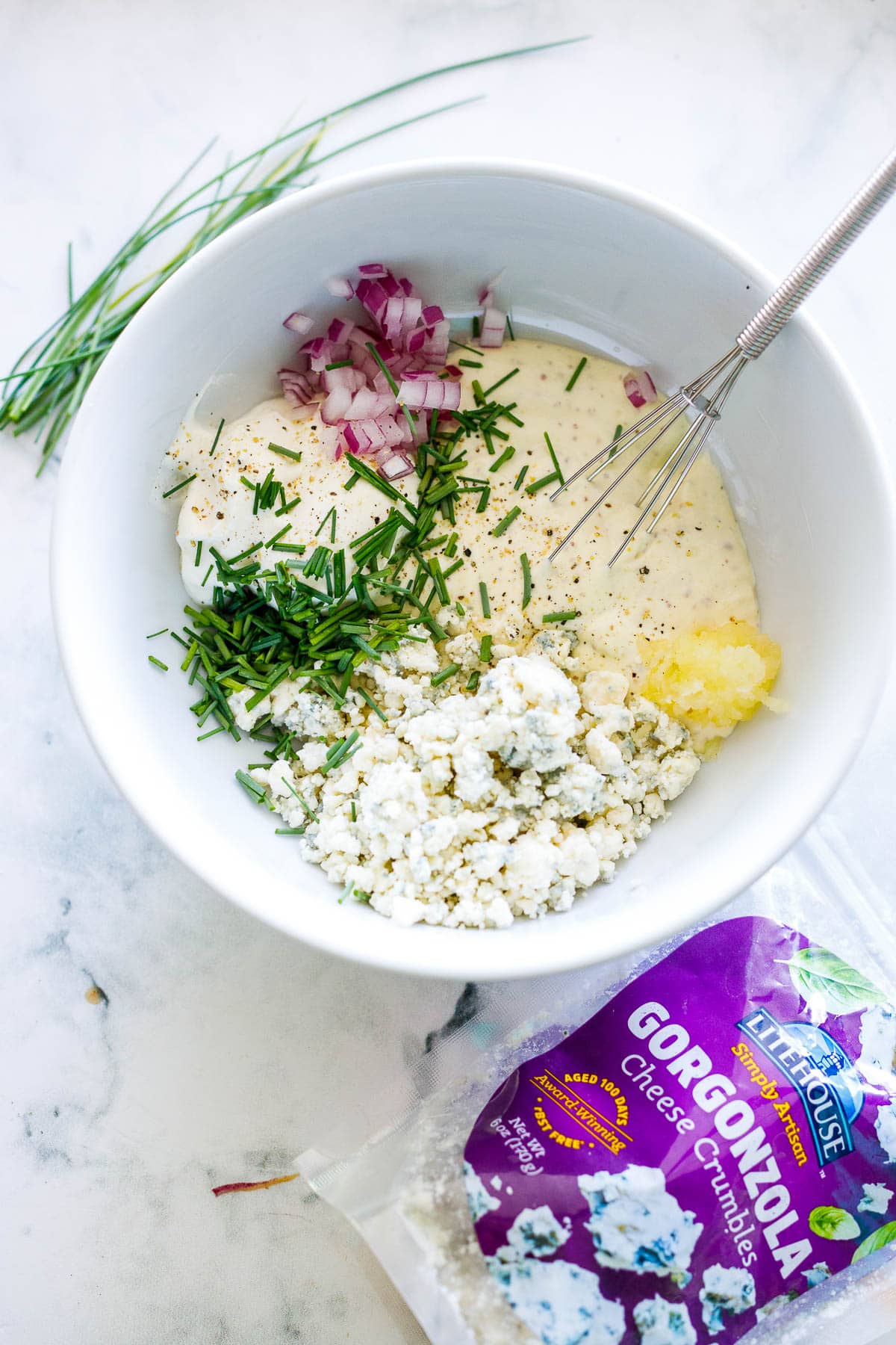 ingredeints in Creamy Gorgonzola Dressing - similar to blue cheese, only better!  Easy, extra creamy and full of flavor, perfect for dressing salads or used as a dip. 
