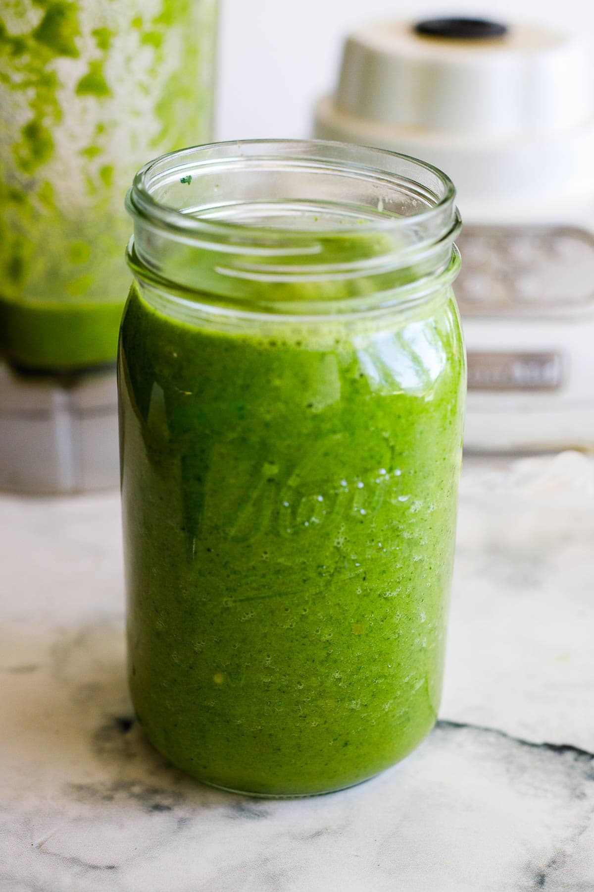 green gazpacho in a jar, ready to chill in the fridge.