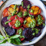 These Grilled Beets are perfectly tender with a rich caramelized flavor.  Top with pesto for over-the-top deliciousness.  Perfect as a side dish, or add to salads, toasts and bowls.