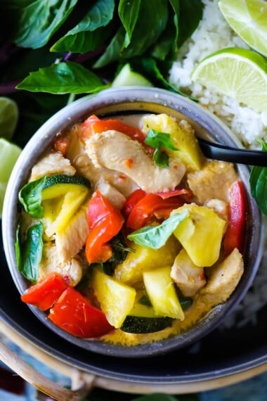 Thai Pineapple Curry is a quick and easy meal to whip up.   This delicious, 20-minute version is full of healthy vegetables,  fresh pineapple, and your choice of Chicken, Shrimp or Tofu, and bathed in the most fragrant coconut red curry sauce. Vegan-adaptable. 