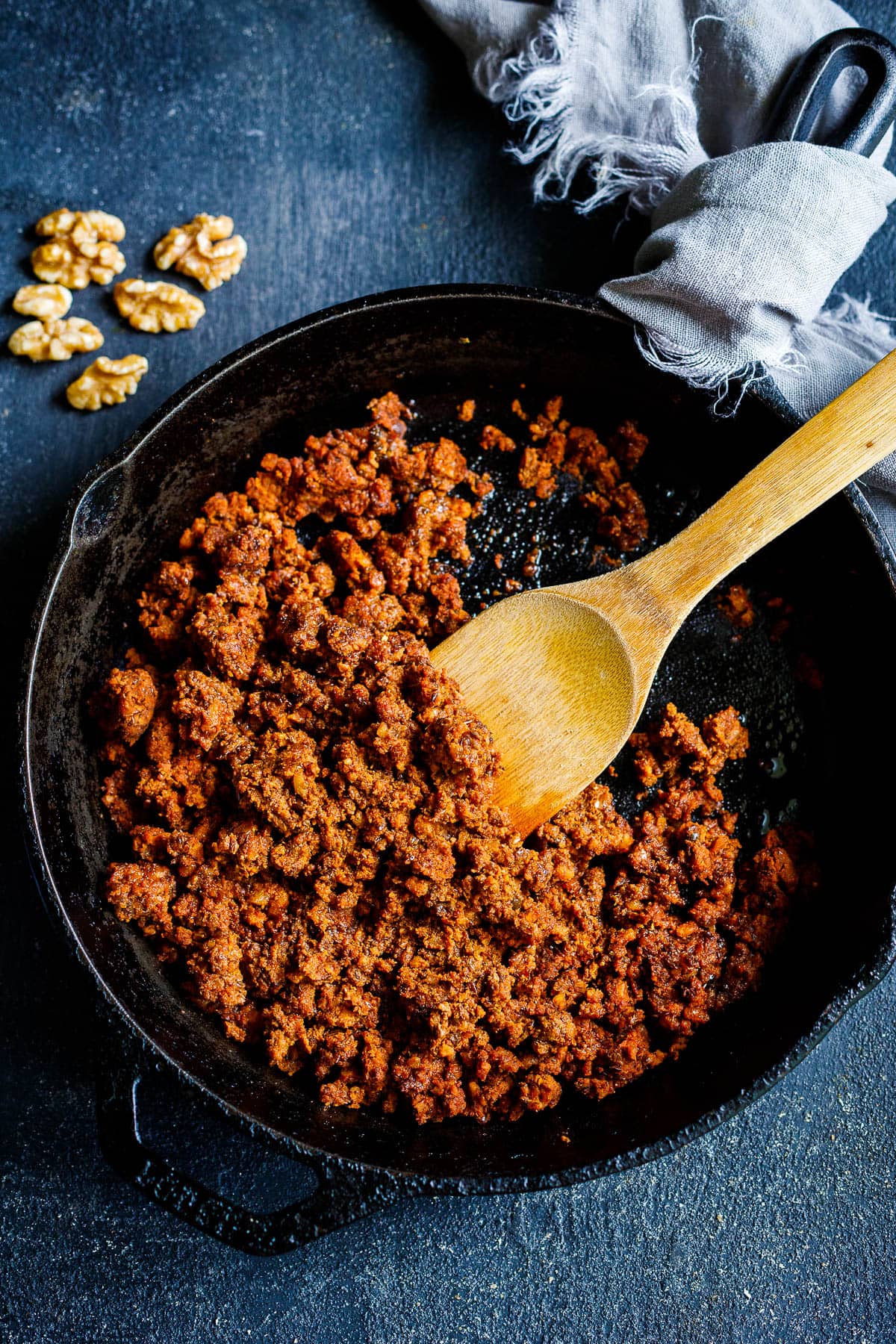 Smoky, savory, spicy Vegan Chorizo made with walnuts and lentils and Mexican Spices- a tasty plant-based alternative to chorizo to use in tacos, tostadas, quesadillas, burritos, burrito bowls, nachos or breakfast bowls. Make it ahead and keep it in the fridge for busy weeknights! 