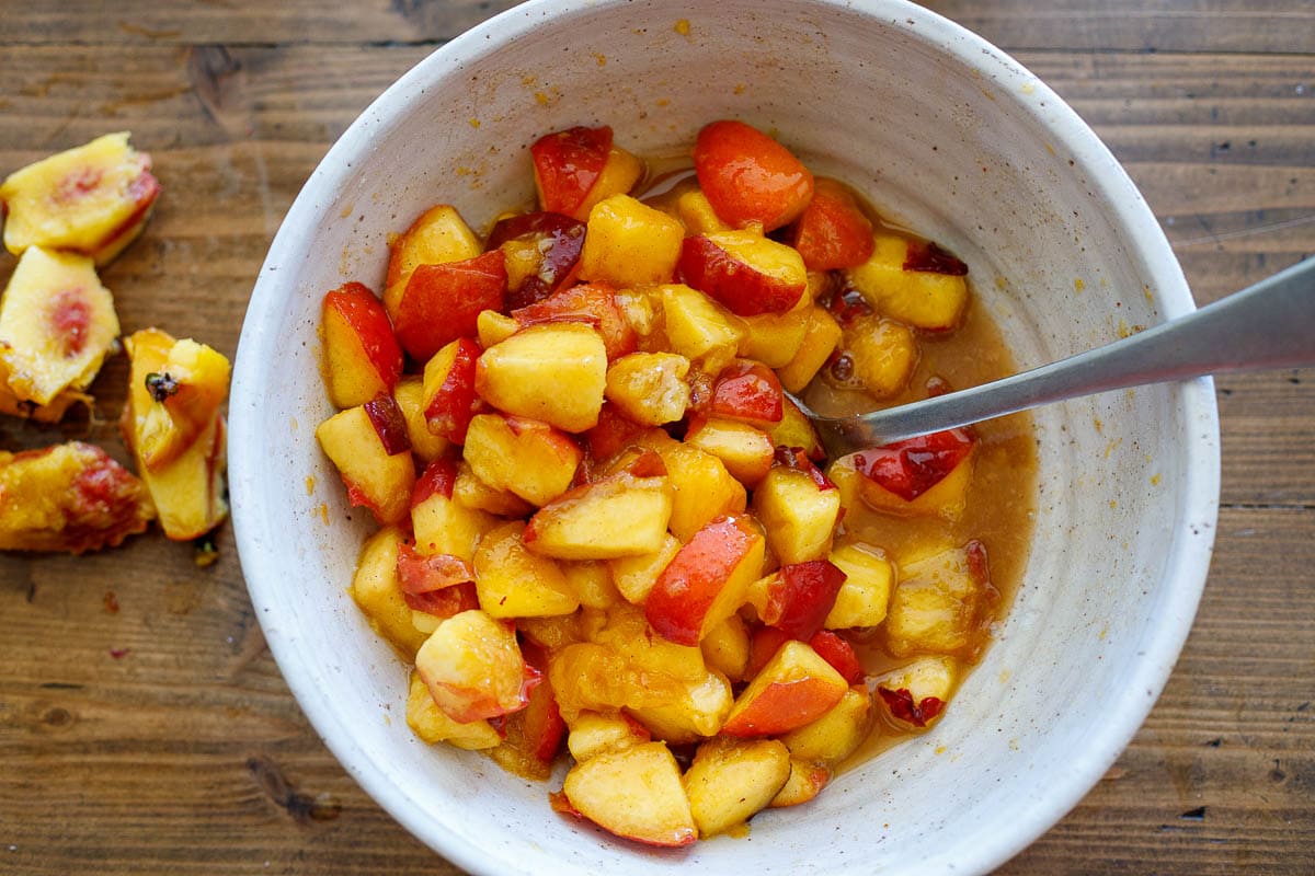 making the peach cobbler filling