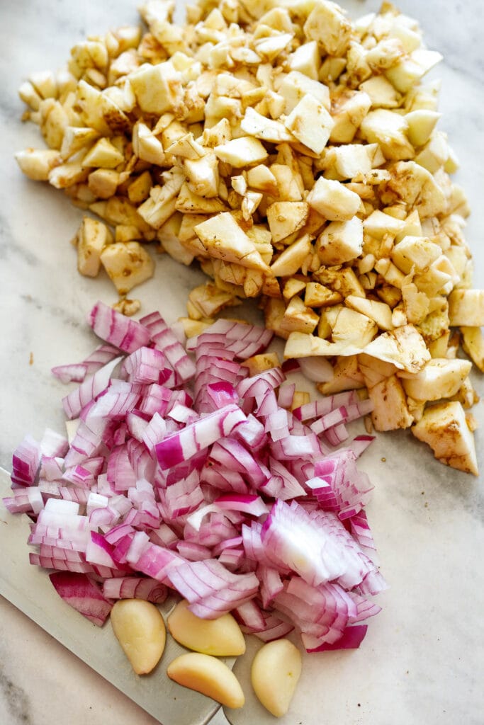 Chopped eggplant and shallots.