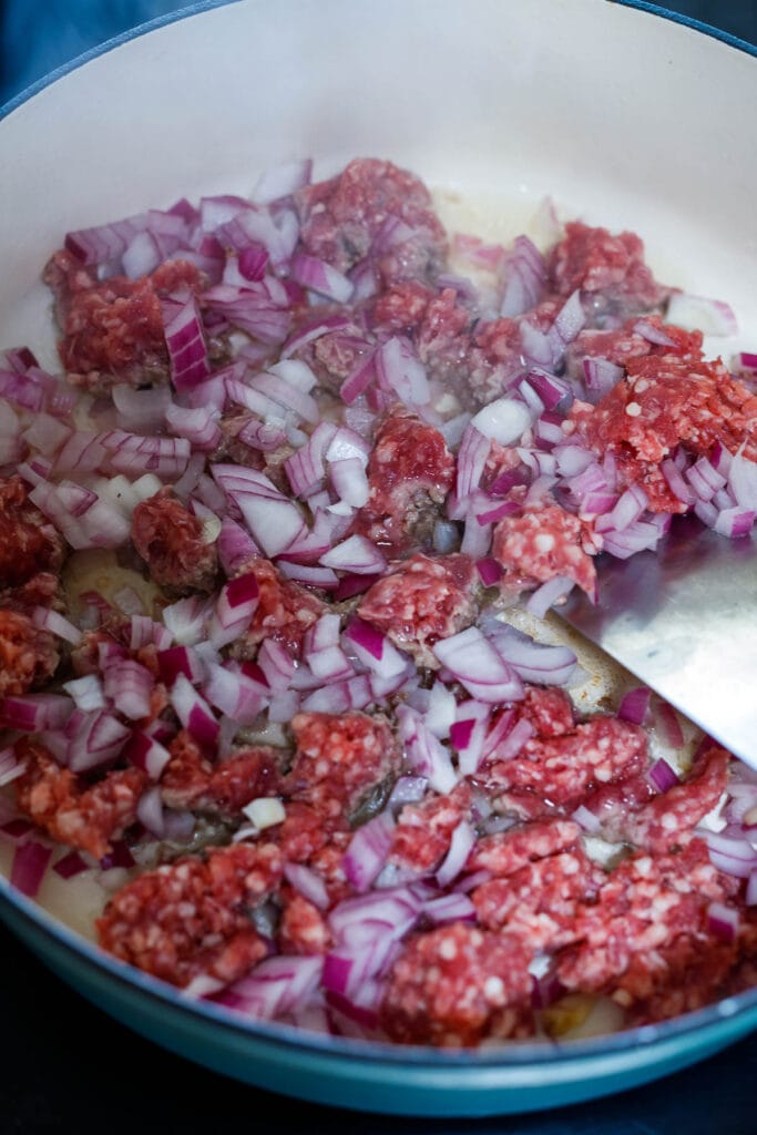 Sauteing meat and onion. 