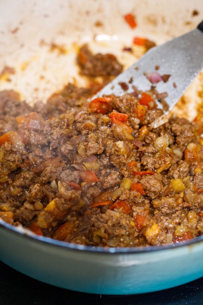 Cooking the filling for the eggplant.