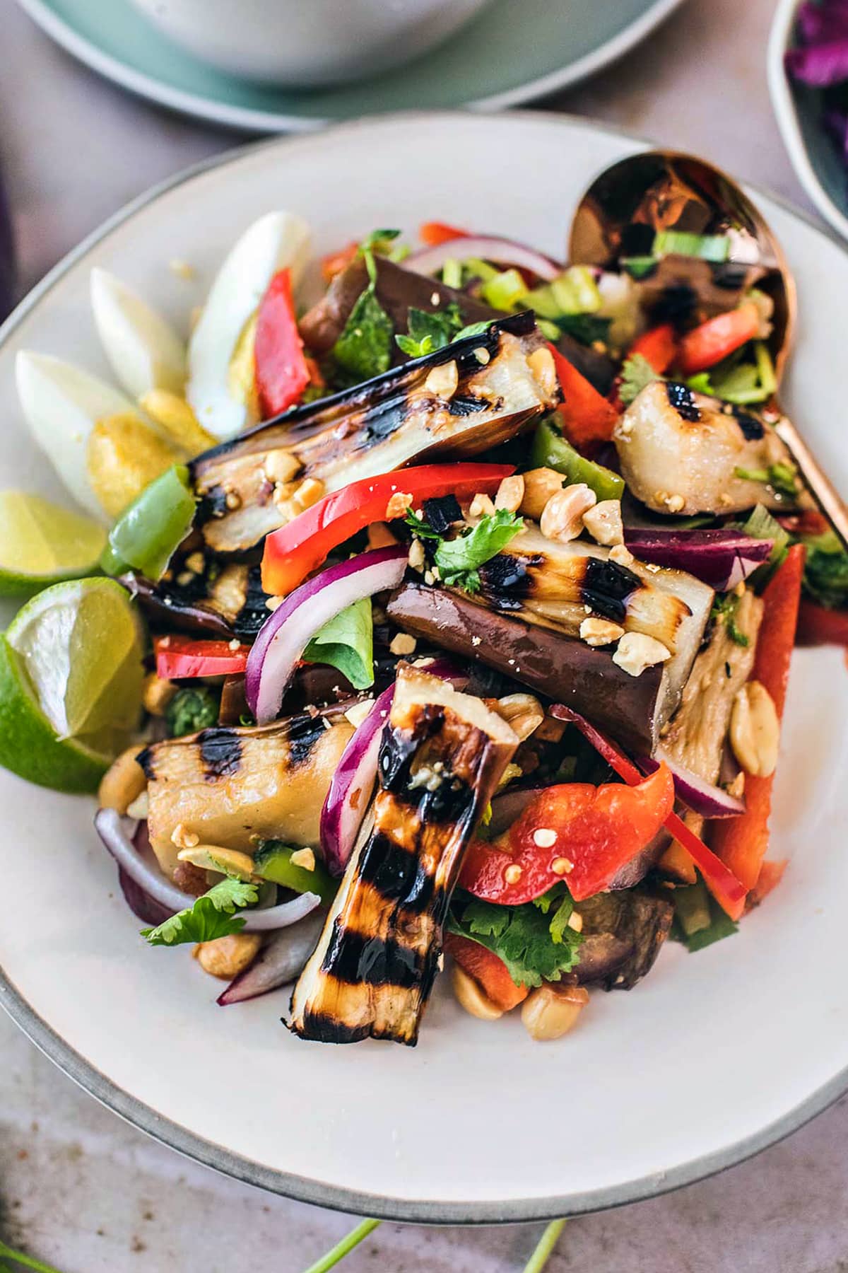 This flavorful Thai Grilled Eggplant Salad is simple, light, and refreshing with a tangy, umami dressing made from fresh lime juice and fish sauce. Healthy and tasty, this Thai Salad comes together in 35 minutes! (Vegan-adaptable) Serve it with jasmine rice and make it a meal.