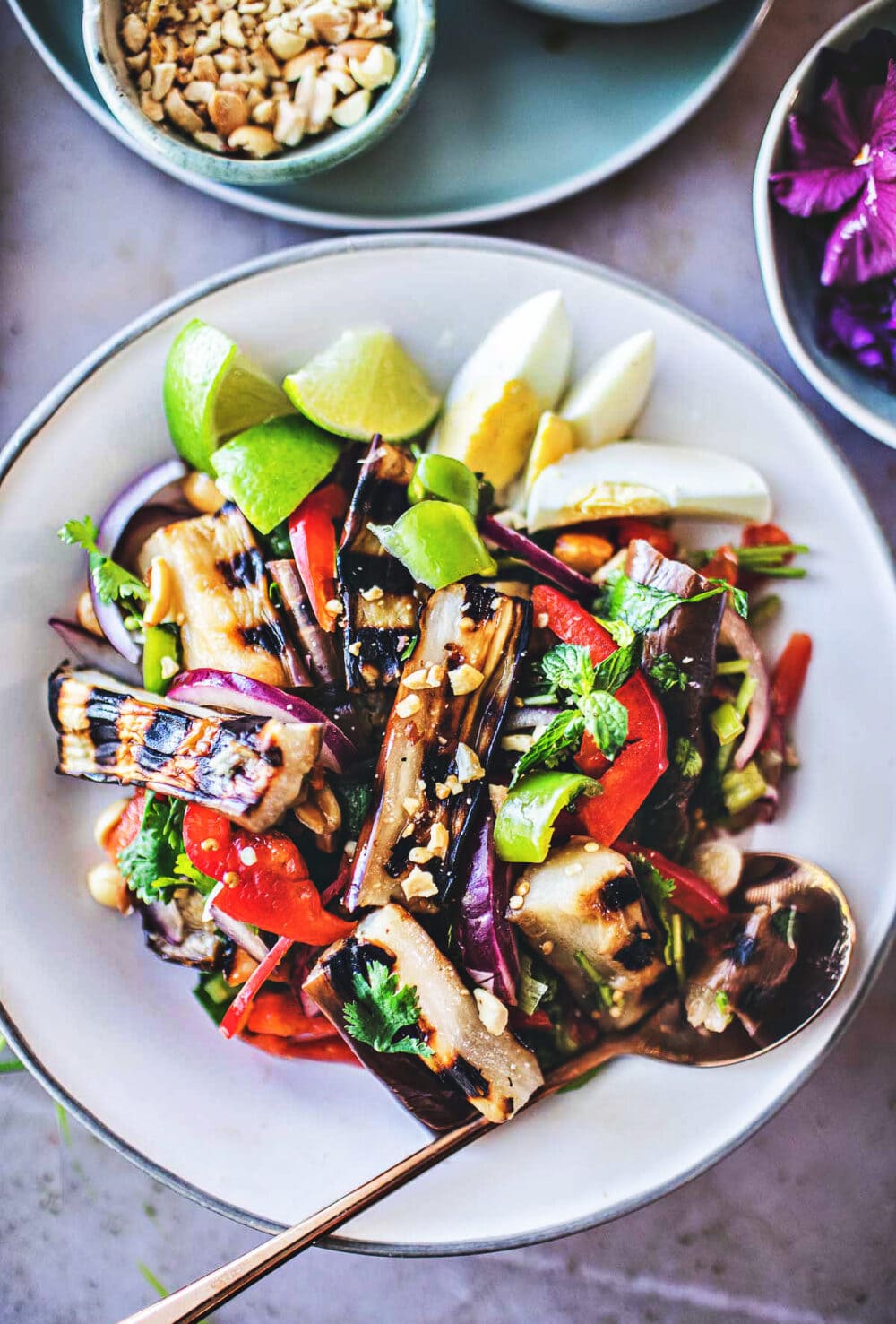This flavorful Thai Grilled Eggplant Salad is simple, light, and refreshing with a tangy, umami dressing made from fresh lime juice and fish sauce. Healthy and tasty, this Thai Salad comes together in 35 minutes! (Vegan-adaptable) Serve it with jasmine rice and make it a meal.