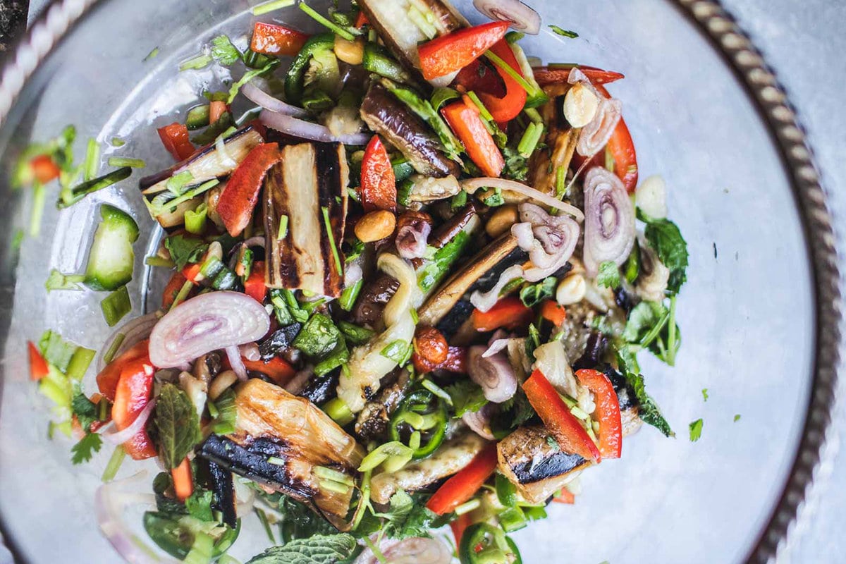 eggplants salad in a clear glass bowl