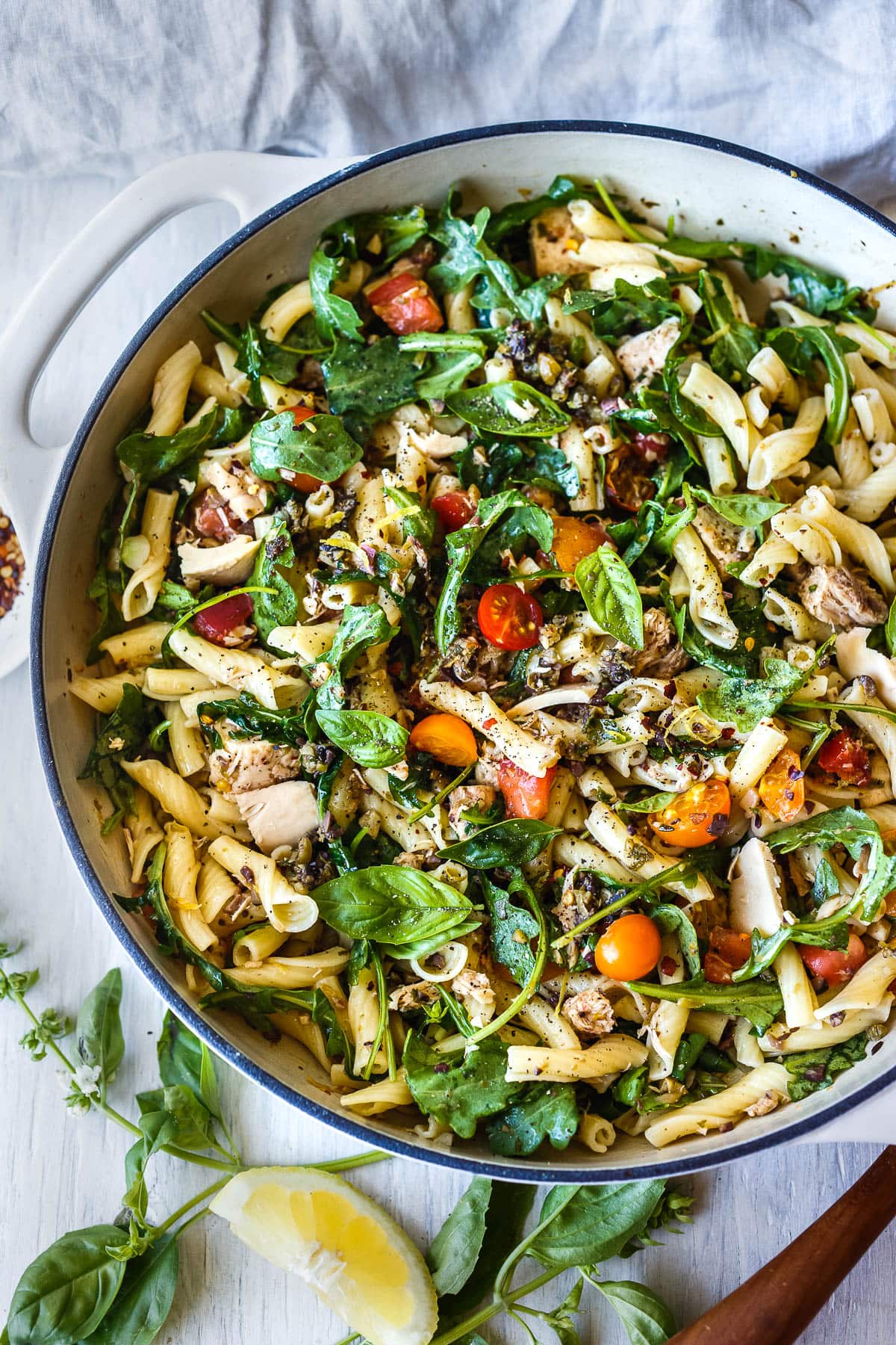 Tuna Pasta with Olive Tapenade & Fresh Tomatoes is a super fast, fresh pasta dish that is full of bright clean flavors.  An easy dinner ready in 30 minutes!  Healthy, quick and delicious!