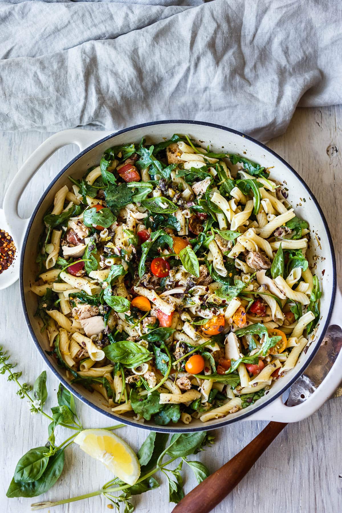 Tuna Pasta with Olive Tapenade & Fresh Tomatoes is a super fast, fresh pasta dish that is full of bright clean flavors.  An easy dinner ready in 30 minutes!  Healthy, quick and delicious!