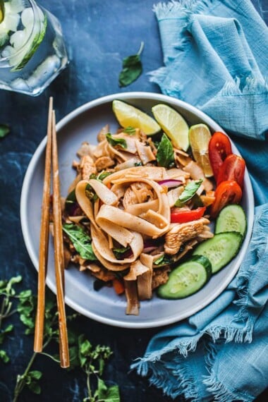 Thai Drunken Noodles are the perfect hangover cure- spicy, saucy and full of bold umami flavor-can be made w/ chicken, shrimp or crispy tofu!