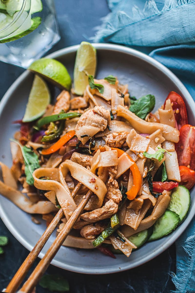 Thai Drunken Noodles are the perfect hangover cure- spicy, saucy and full of bold umami flavor-can be made w/ chicken, shrimp or crispy tofu!