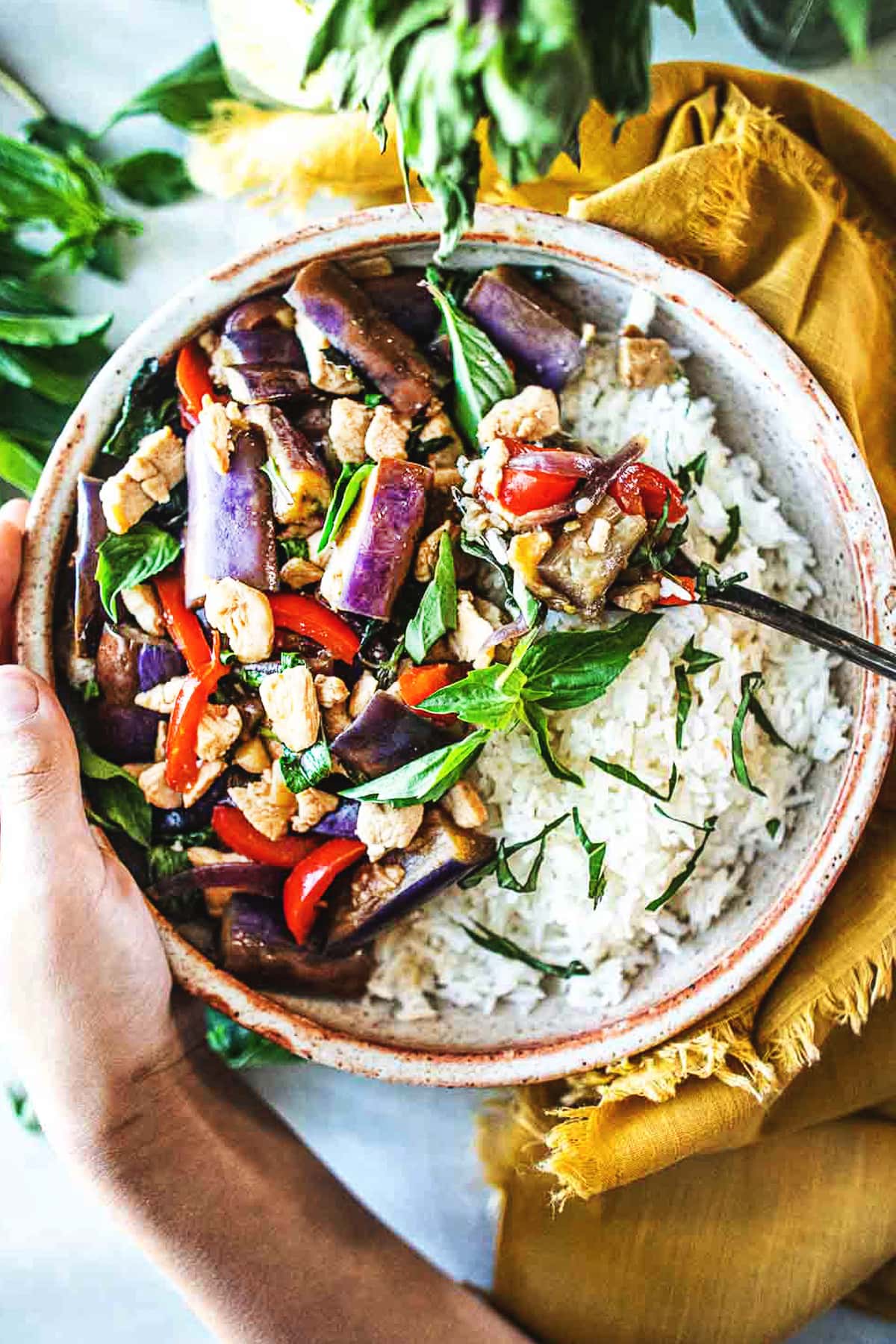 This Thai Eggplant Stir Fry is a delicious healthy meal featuring succulent eggplant, your choice of protein, fresh veggies in a flavorful Thai stir-fry sauce,  finished with aromatic Thai basil.