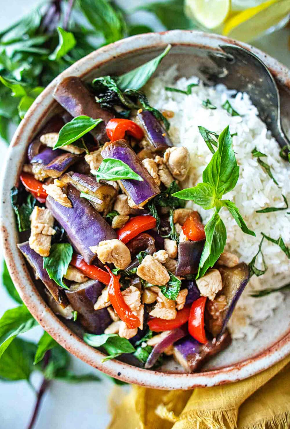 Thai Eggplant Stir Fry w/ your choice of protein, fresh veggies in a flavorful Thai stir-fry sauce with fragrant Thai basil. Vegan Adaptable.