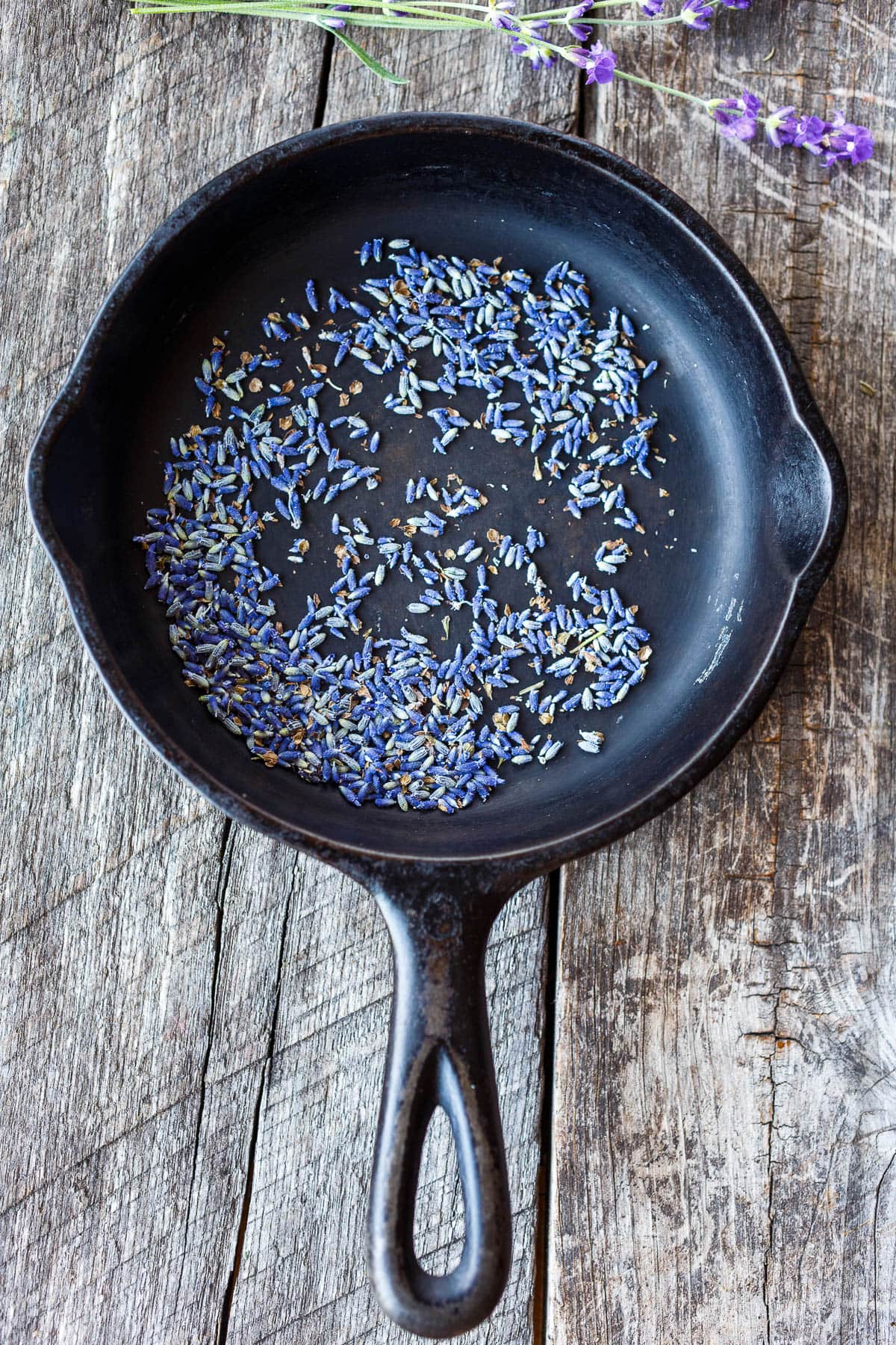 Roasting dried lavender in a cast iron skillet to quell some of the floral notes
