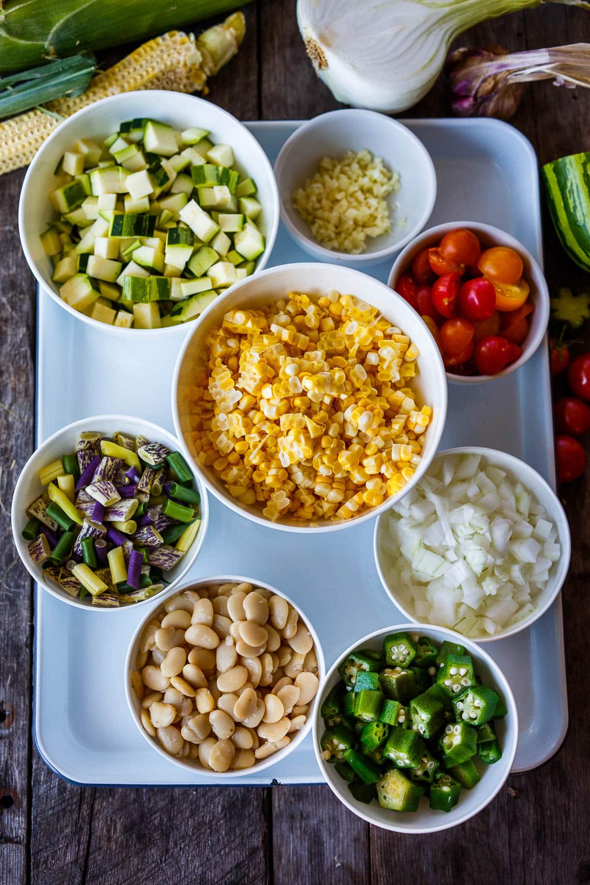 Prepped and chopped veggies for succotash ready to sauté.