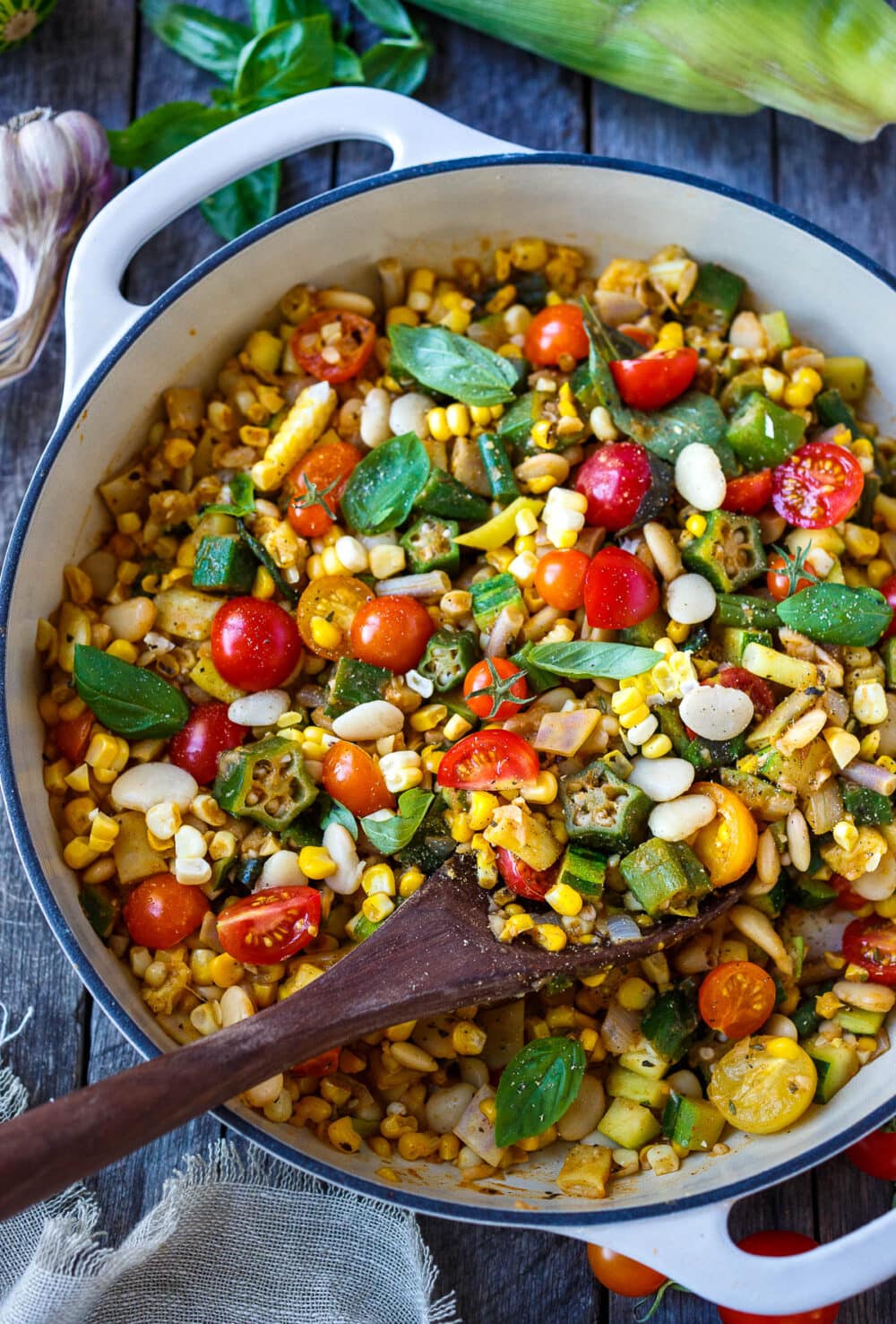 Harvest Succotash is abundant with fresh summer veggies & simple, clean flavors.  A delicious healthy side dish to pair with your choice of protein for a healthy delicious meal. Vegan and Gluten-free.