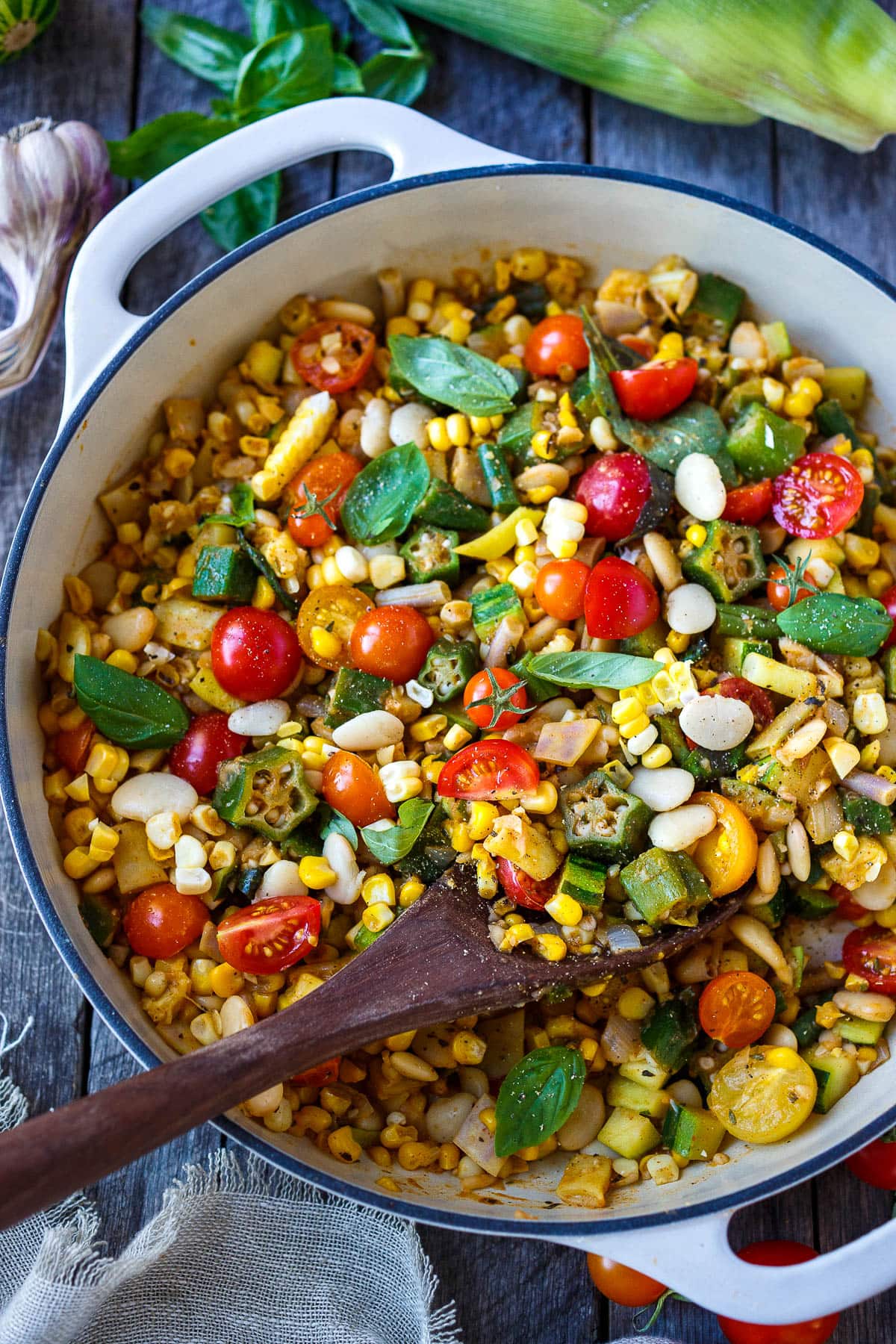 Harvest Succotash is abundant with fresh summer veggies & simple, clean flavors.  A delicious healthy side dish to pair with your choice of protein for a healthy delicious meal. Vegan and Gluten-free.