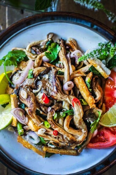 Thai Oyster Mushroom Salad with Tofu is a simple, delicious recipe infused with fresh Thai flavors- lemongrass, shallot, mint, cilantro, and fresh lime juice. A light and healthy meal-all in one dish! 