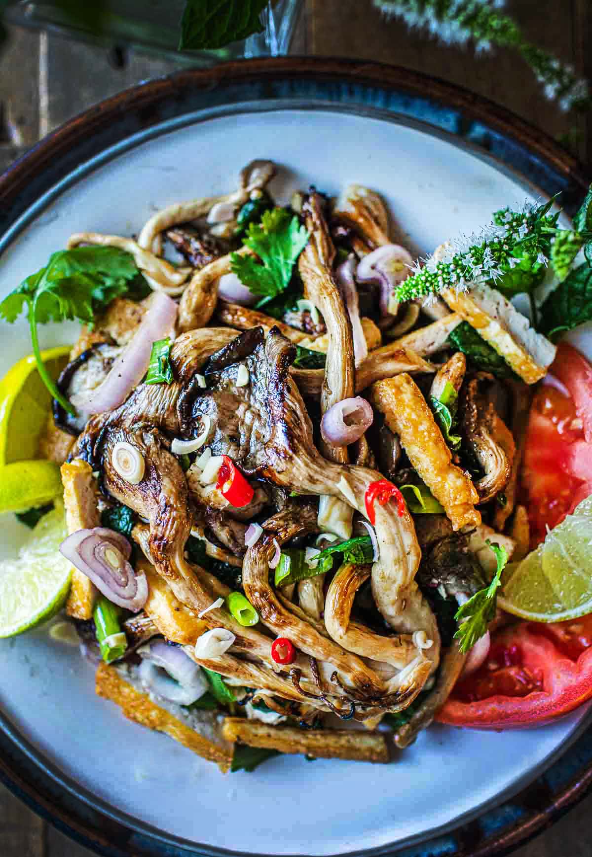 Thai Oyster Mushroom Salad with Tofu is a simple, delicious recipe infused with fresh Thai flavors- lemongrass, shallot, mint, cilantro, and fresh lime juice. A light and healthy meal-all in one dish! 