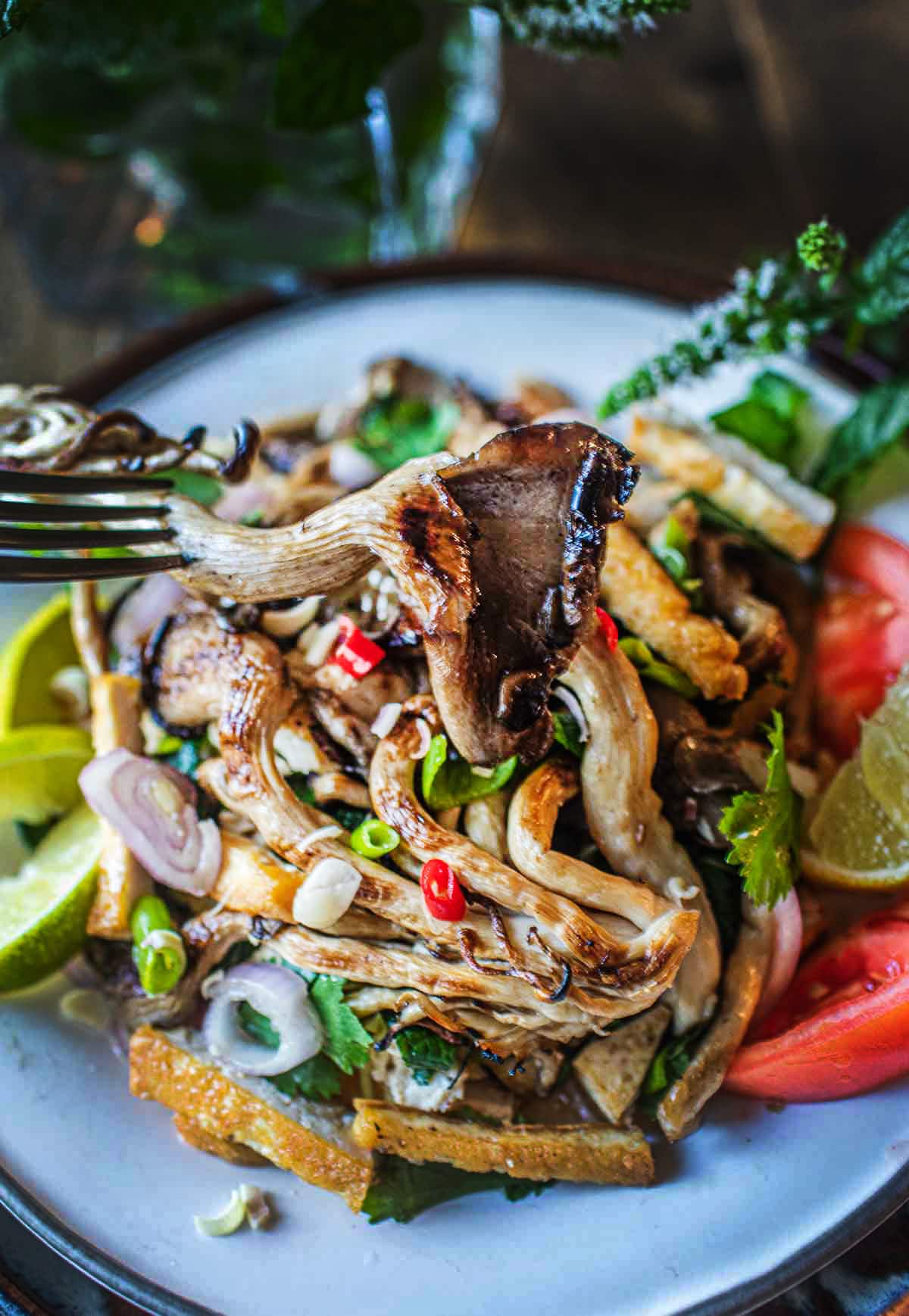 Thai Oyster Mushroom Salad with Crispy Tofu is a simple, delicious recipe infused with fresh Thai flavors- lemongrass, shallot, mint, cilantro, and fresh lime juice. A light and healthy meal-all in one dish! 