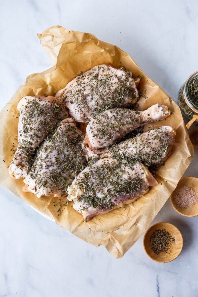 Chicken thighs and legs rubbed with Herbs de Provence