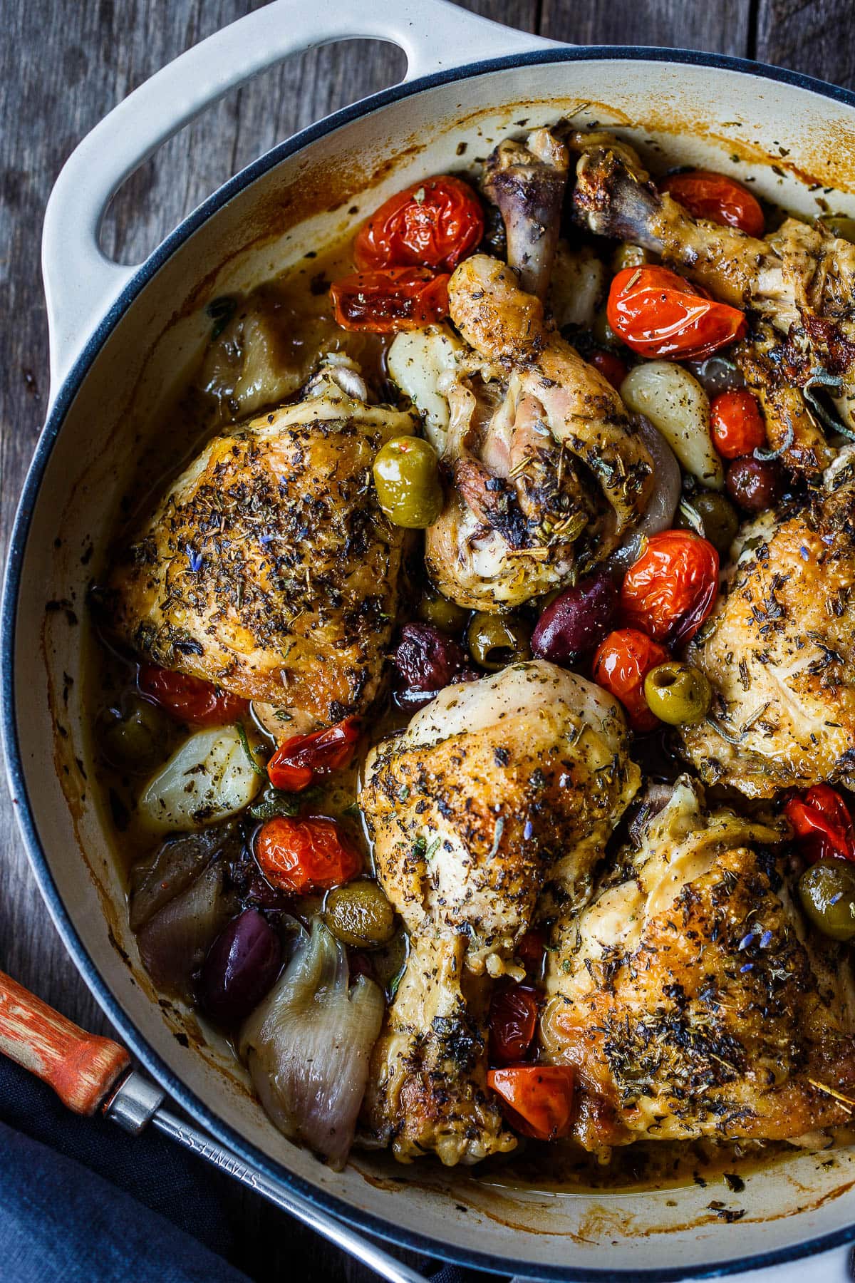 Chicken Provençal is seasoned with Herbs de Provence, braised with white wine, tomatoes, olives, garlic and shallots until tender & fragrant. 